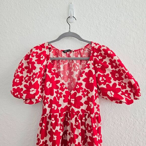 ZARA Printed Poplin Puff Sleeve Maxi Dress Floral Red Size‎ XS - Picture 3 of 10